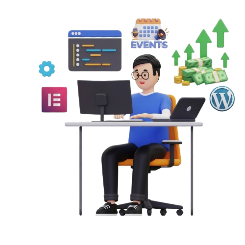 Ilustração de designer trabalhando com ferramentas de desenvolvimento web, WordPress e marketing digital